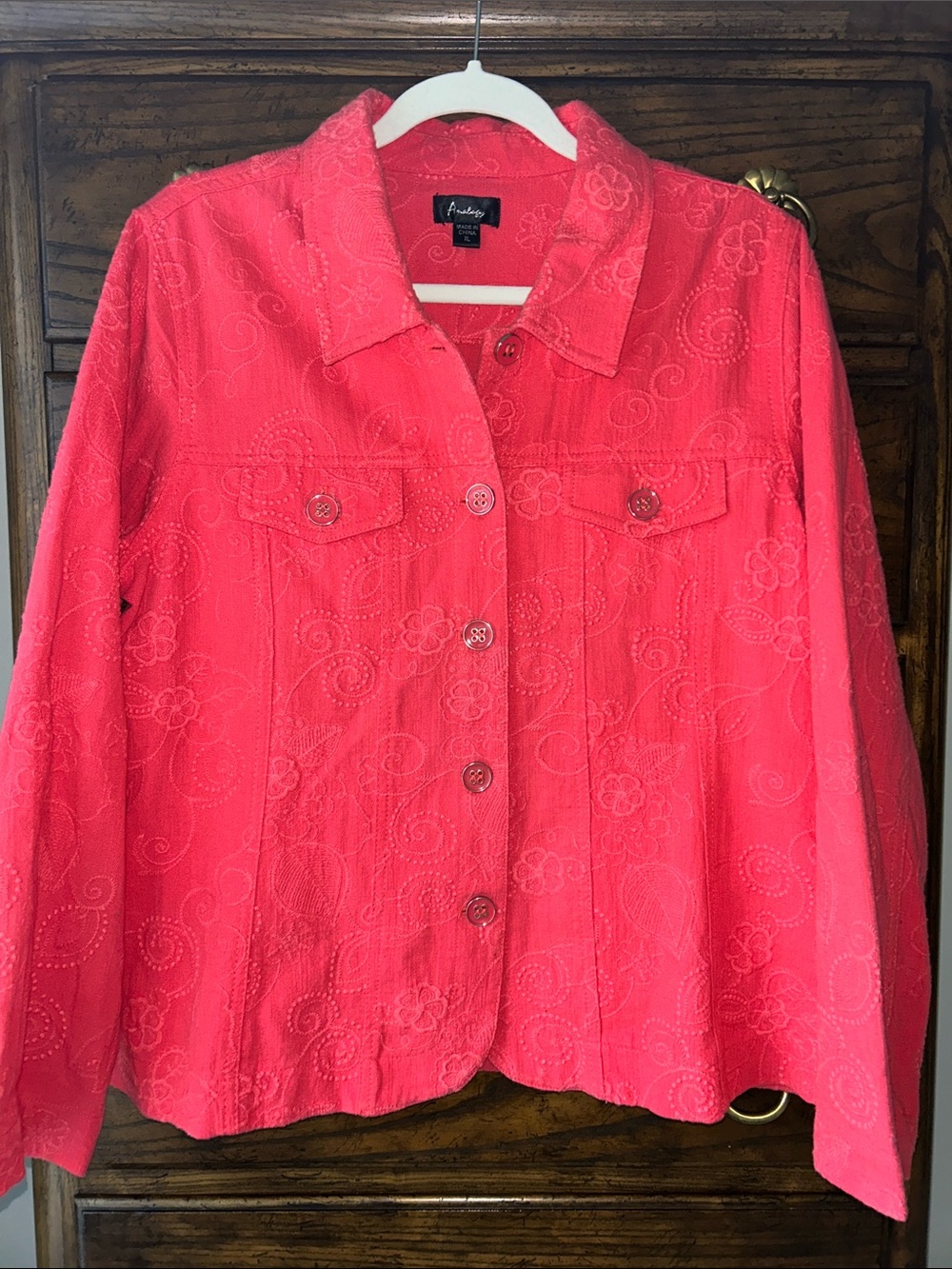 Aventura Cotton Bright Coral Embroidered Jean Jacket, Size XL